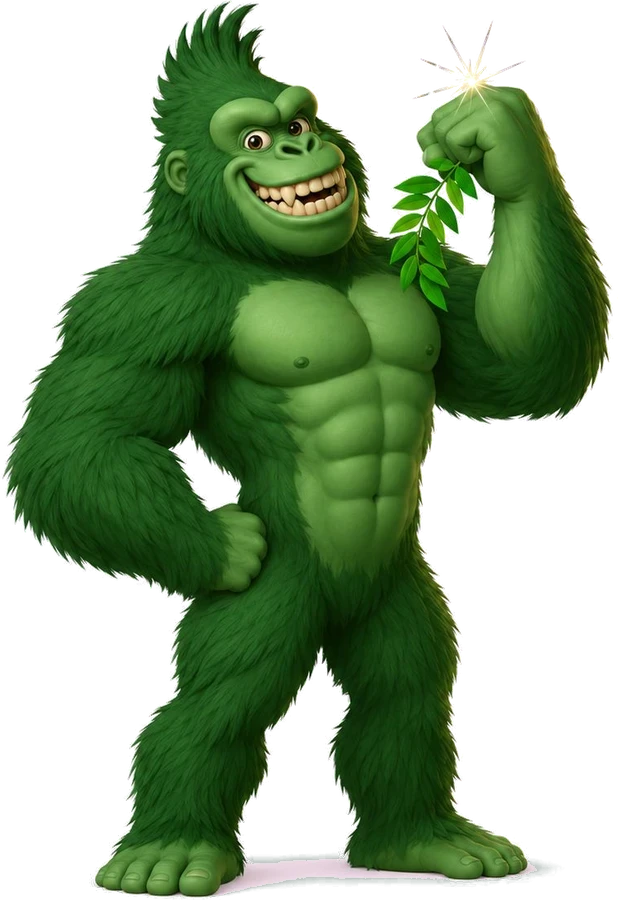 Reiner the Gorilla, the SOLVIS® ecopower mascot, flexing and holding a green sprig