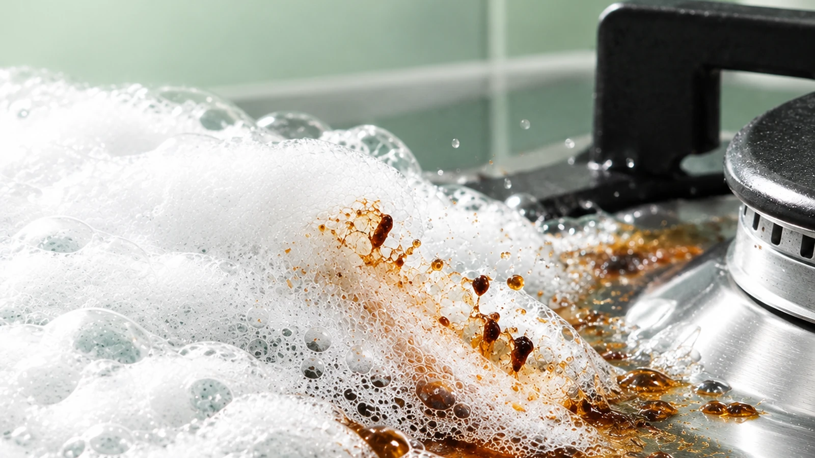 SOLVIS® eco-friendly kitchen degreaser foam lifting grease off a stainless steel hob